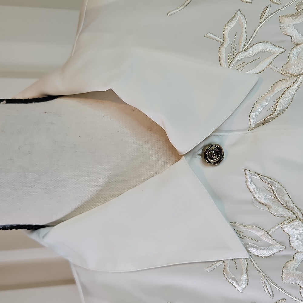 Kathy Che White Blouse Floral Embroidered Button-Up Shirt 14 Vintage - Picture 3 of 13